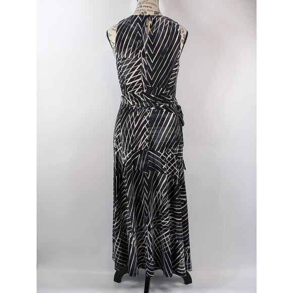 Ralph Lauren Women's Sz 4 Dress Midi Tie Belt Black Slate Cream Print Below Knee - Picture 3 of 8